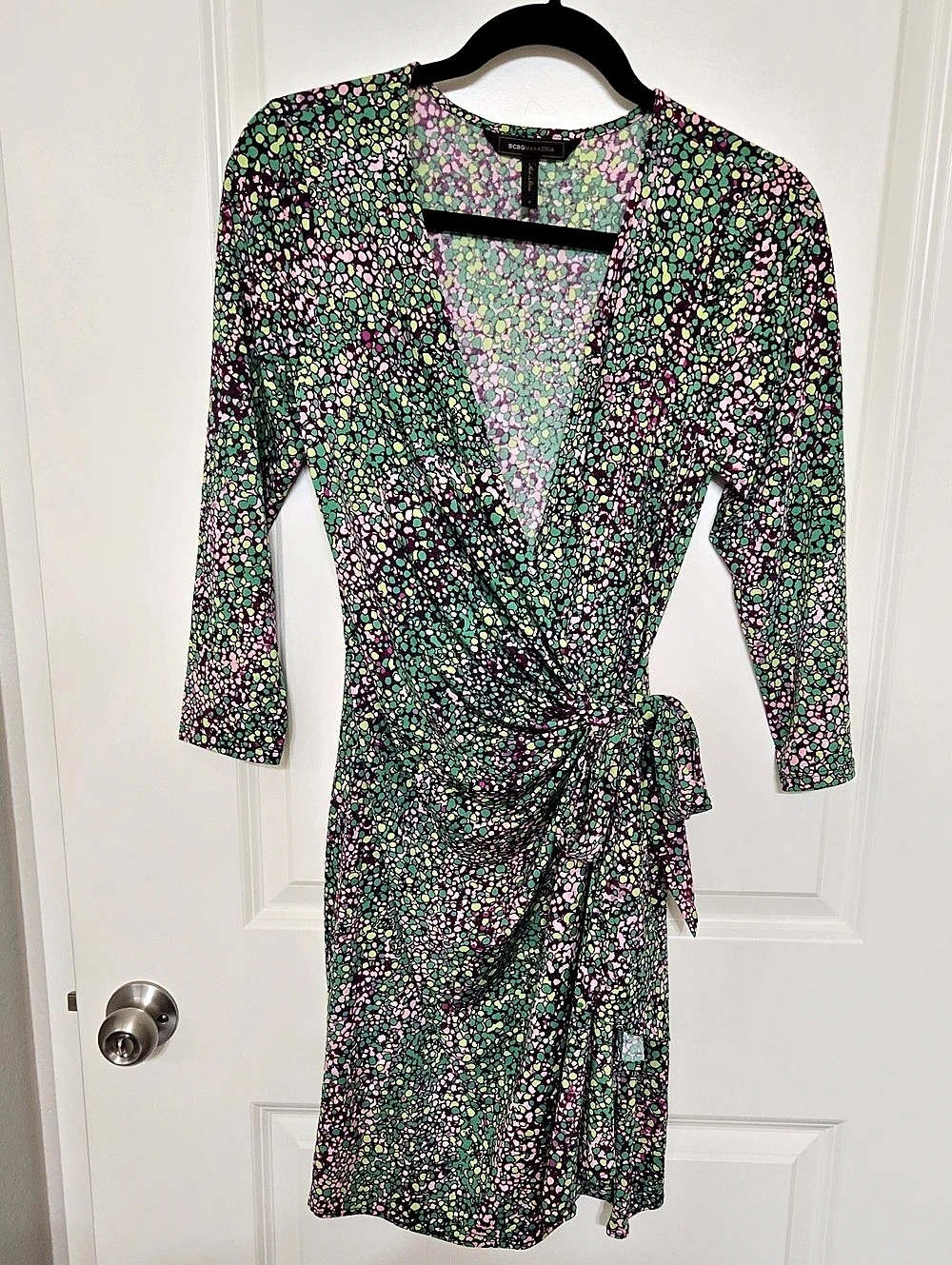 BCBGMAXAZRIA Floral Wrap Mini Dress in Green & Pink Size Small Like New
